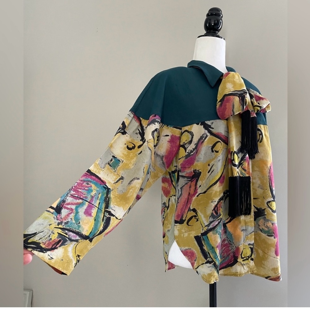 Vintage teal, green and gold, abstract, print blouse with matching scarf